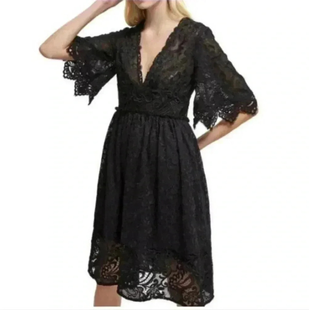 French Connection Bell-Sleeve Lace Dress Black XS 2